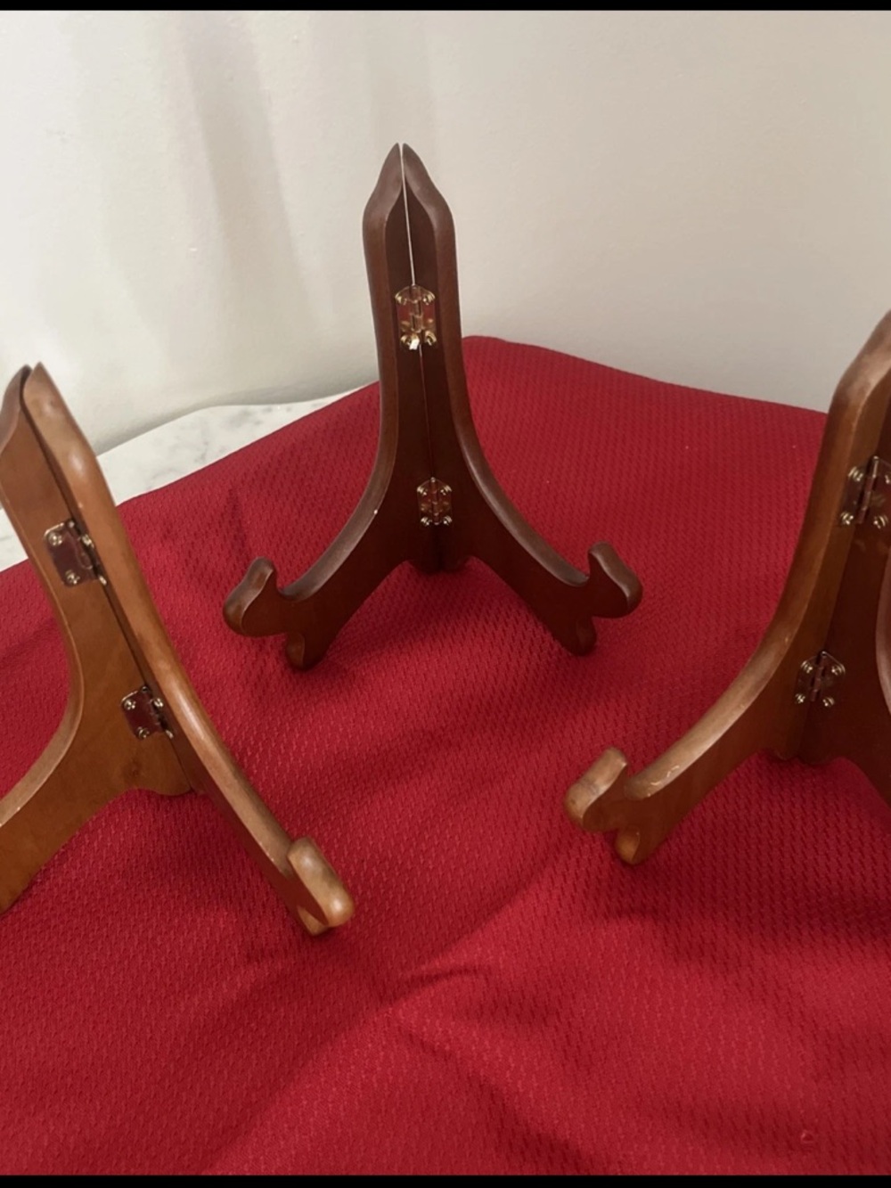Lot 3 Wooden Hinged Plate Holders Stands Easels